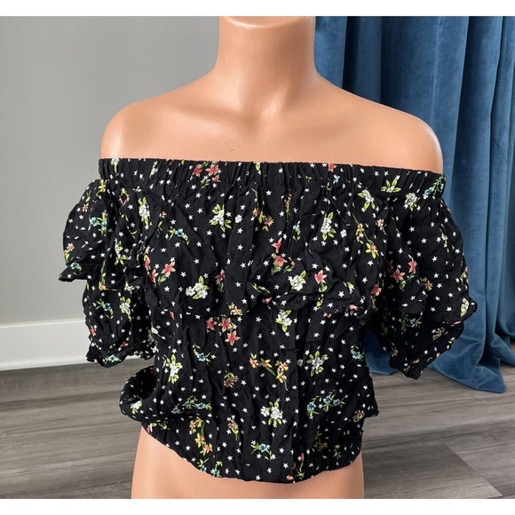 Self Esteem Black Floral Ruffle Off the Shoulder Top S Blouse M10 - Picture 1 of 5